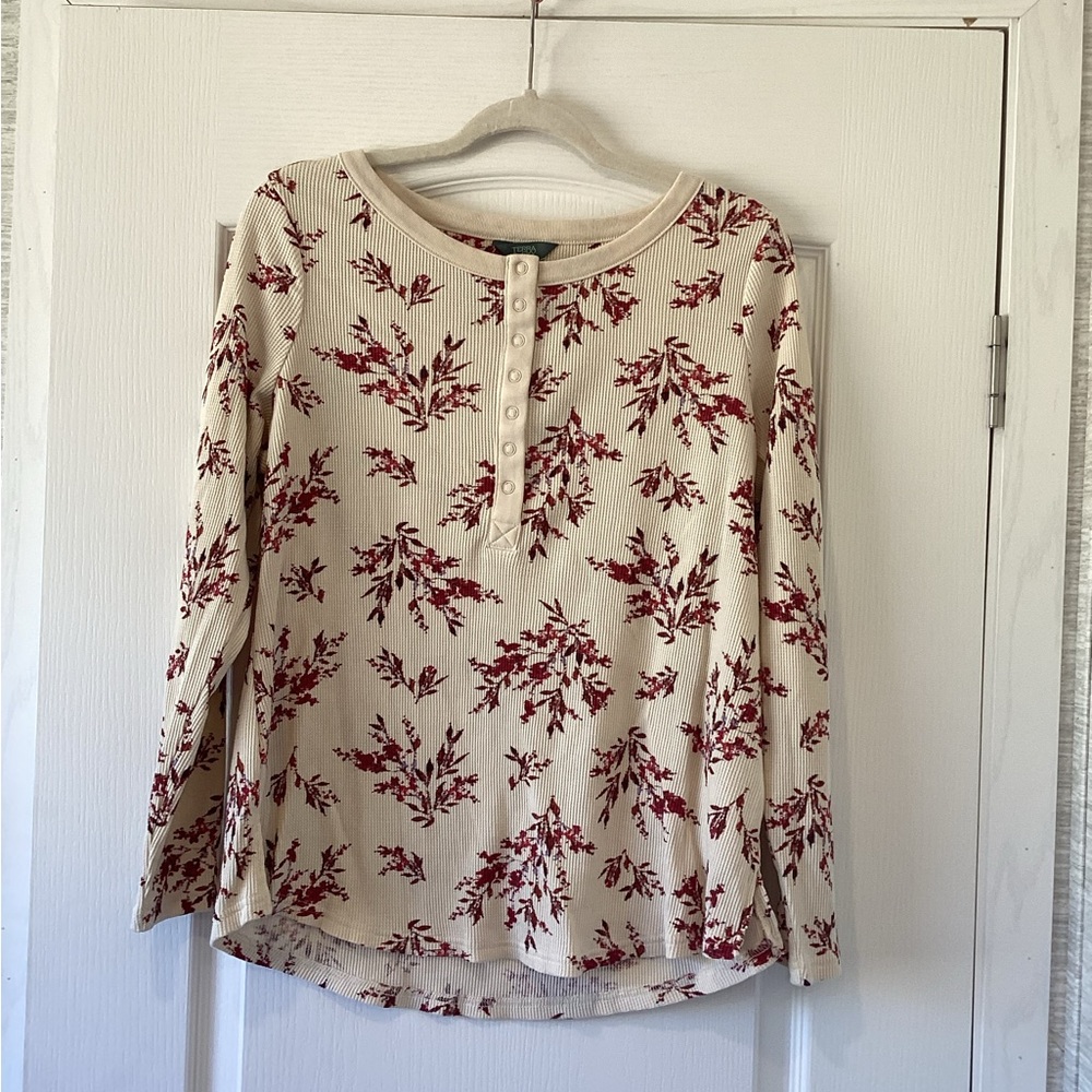 Terra & Sky Cream Long-Sleeve Henley with Red Floral Print size 0X EUC